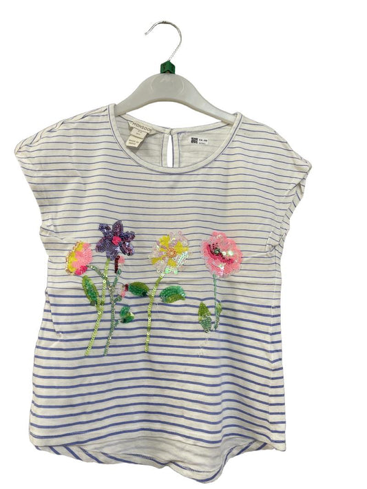 Preloved Monsoon - Top - Blue White Stripe Sleeveless T Shirt With Sequin Flowers (5-6y)