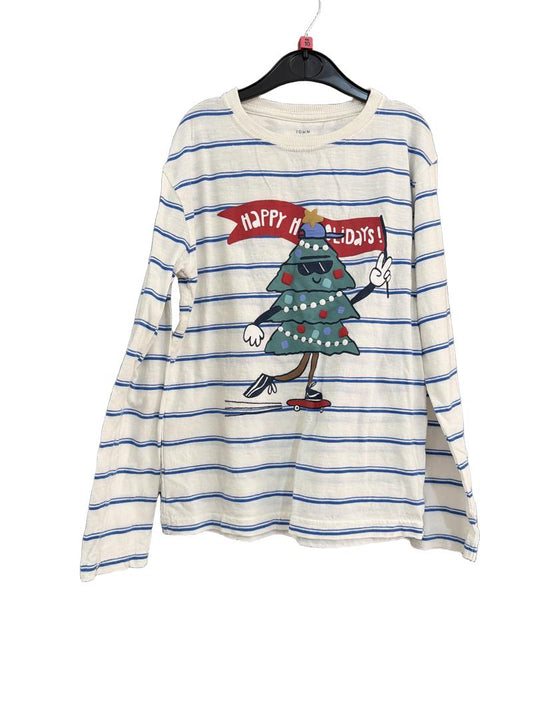 Preloved John Lewis - White, Blue Stripe Happy Holidays Long Sleeve Top. (10y)