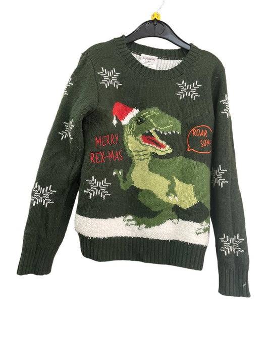 Preloved Lily And Dan - Green Dinosaur Christmas Jumper. (7-8y)