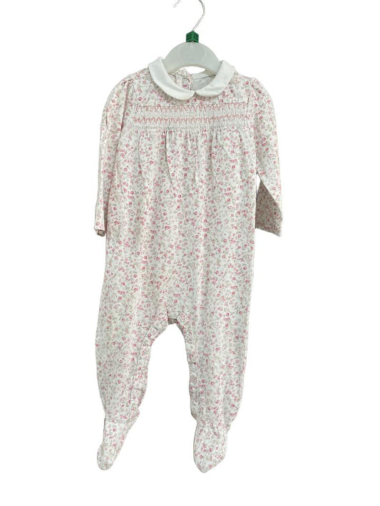 Preloved The Little White Company - Pink Beige White Floral Print Smocked Long-sleeved Romper Onesie (6-9m)