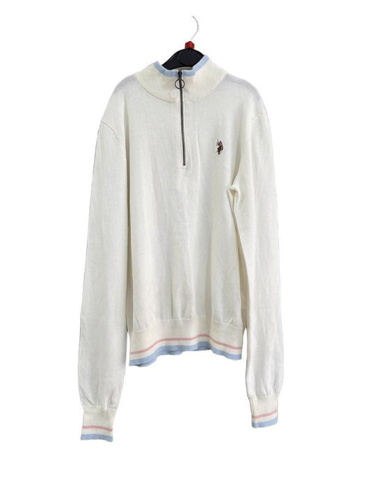 Preloved U.S. Polo Association - Quarter Zip Sweater, Blue And Pink Trim. (X Small, 8-9y)