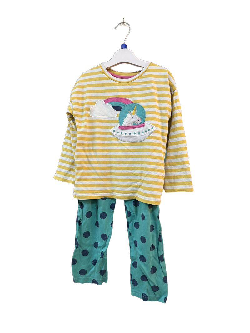 Preloved Frugi - Yellow Stripe Unicorn Space Applique Long-sleeved Pyjama Set (6-7y)