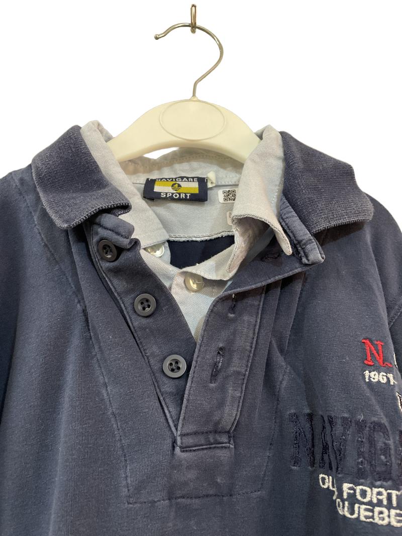 Preloved Navigare Sport - Navy Long-sleeved Polo Shirt With Mock Button Down Shirt, Small (8-9y)