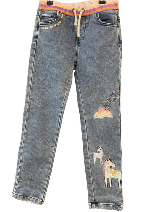 Preloved Marks & Spencer - Blue Jeans With Unicorn Rainbow Embroidery And Rainbow Waist (5-6y)