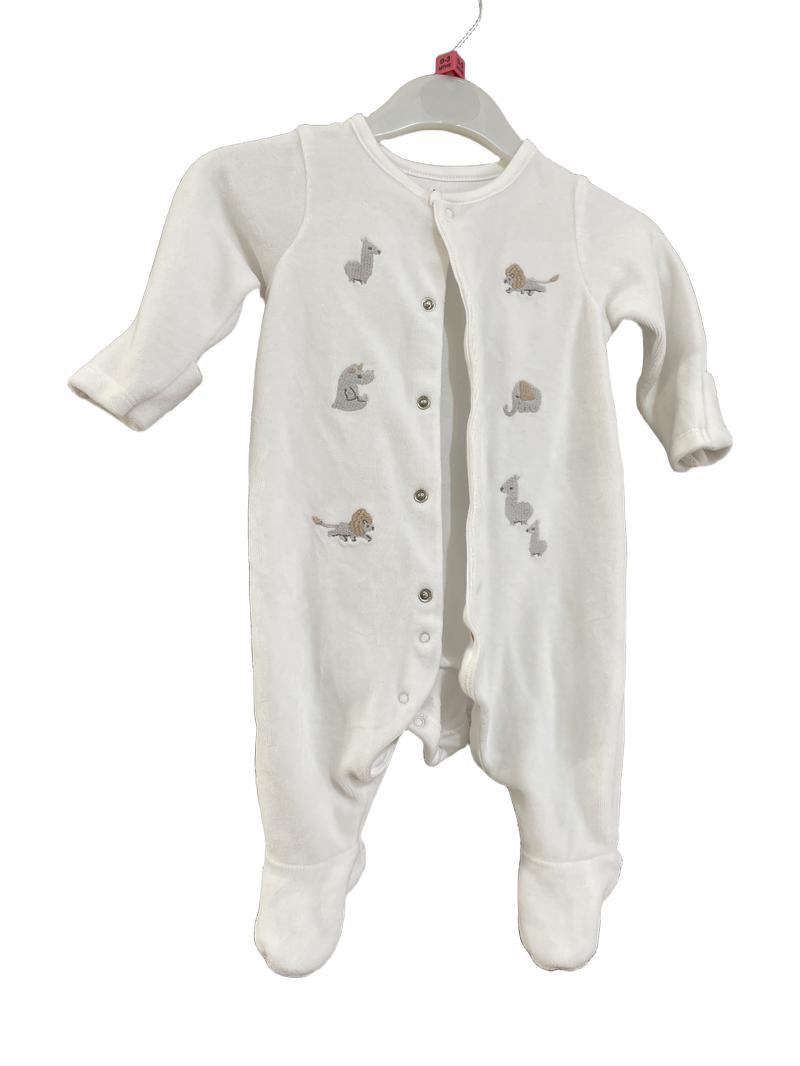 Preloved Marks & Spencer - Onesie - White Terrycloth Onesie Romper Sleepsuit With Embroidered Animals (0-3m)