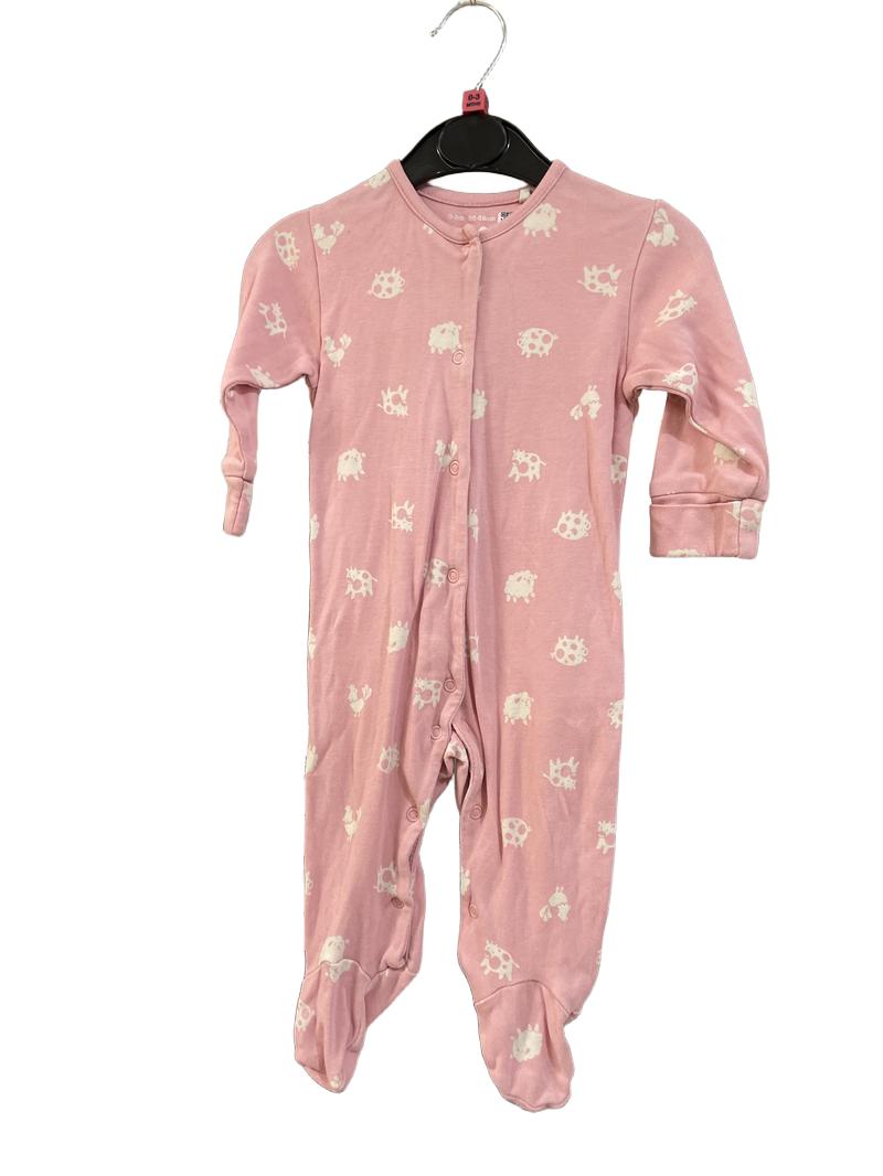 Preloved Kite - Onesie - Pink Long-sleeved Footed Onesie With Pig And Cow Print (0-3m)