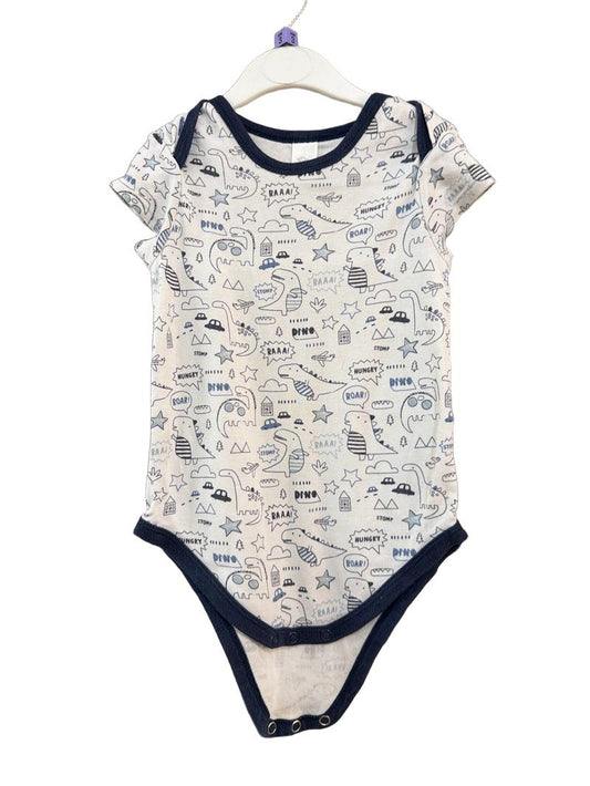Preloved C&A - White Dinosaur Print Short-sleeved Onesie, 98 Cm (2-3y, 3-4y)