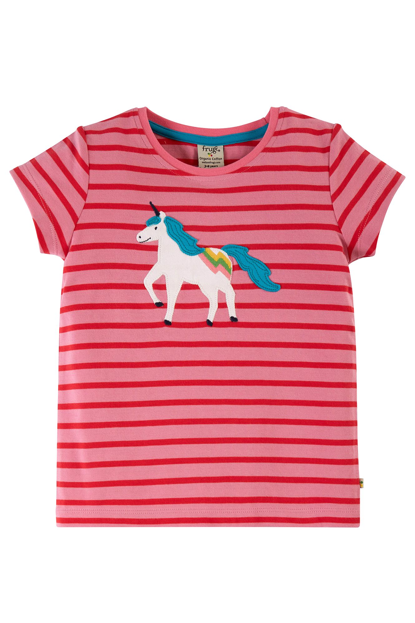 Frugi Camille Applique Tee, Red Pink Stripe/Unicorn