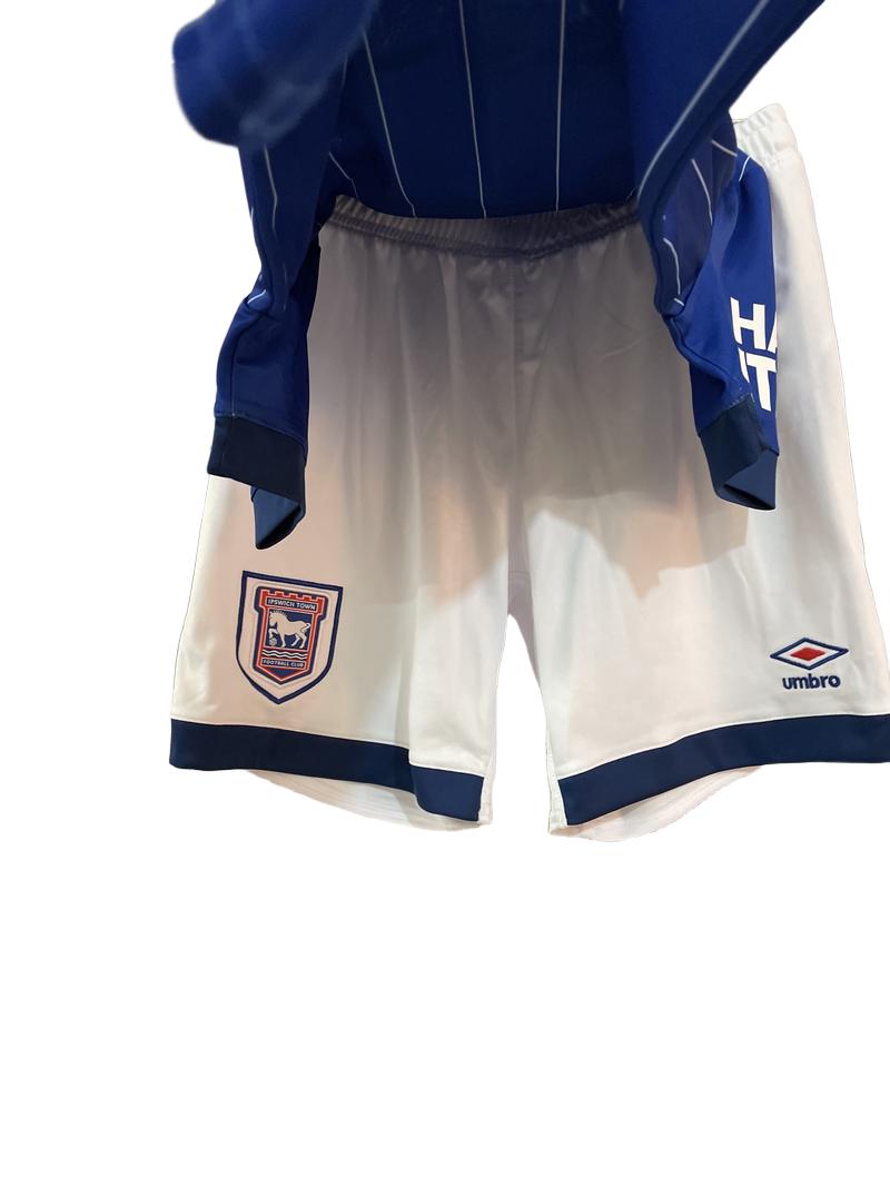 Preloved Umbro - Blue Ipswich Town FC Short-sleeved Wicking Athetic Top, And White Matching Athletic Shorts, YXL (12-13y)