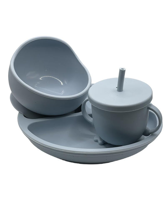 Preloved Blue Silicone Sippy Cup, Plate, Bowl Set - Blue Parachute - Toys