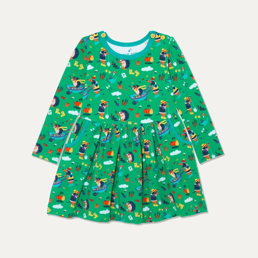 Ducky Zebra Organic Cotton Skater Dress with Pockets and Gardening Dog and Hedgehog