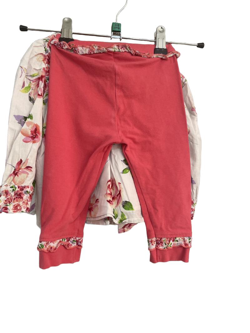 Preloved Monsoon - Pink White Floral Print Lightweight Long-sleeved Top And Matching Ruffle Trousers (6-9m)