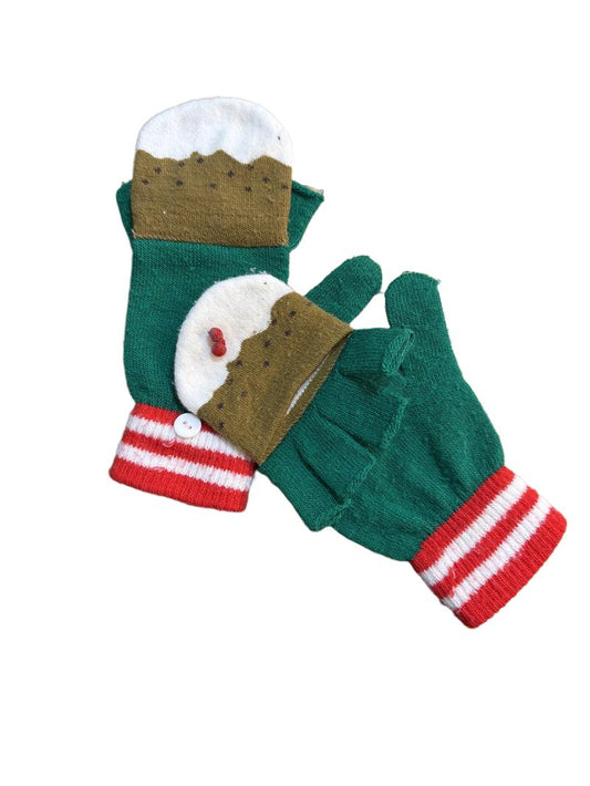 Preloved Unknown Brand - Covered Fingerless Christmas Pudding Glove, Green With Red/white Cuff