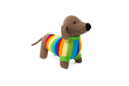 Tweed Sausage Dog Soft Toy Teddy with Bold Stripe Jumper