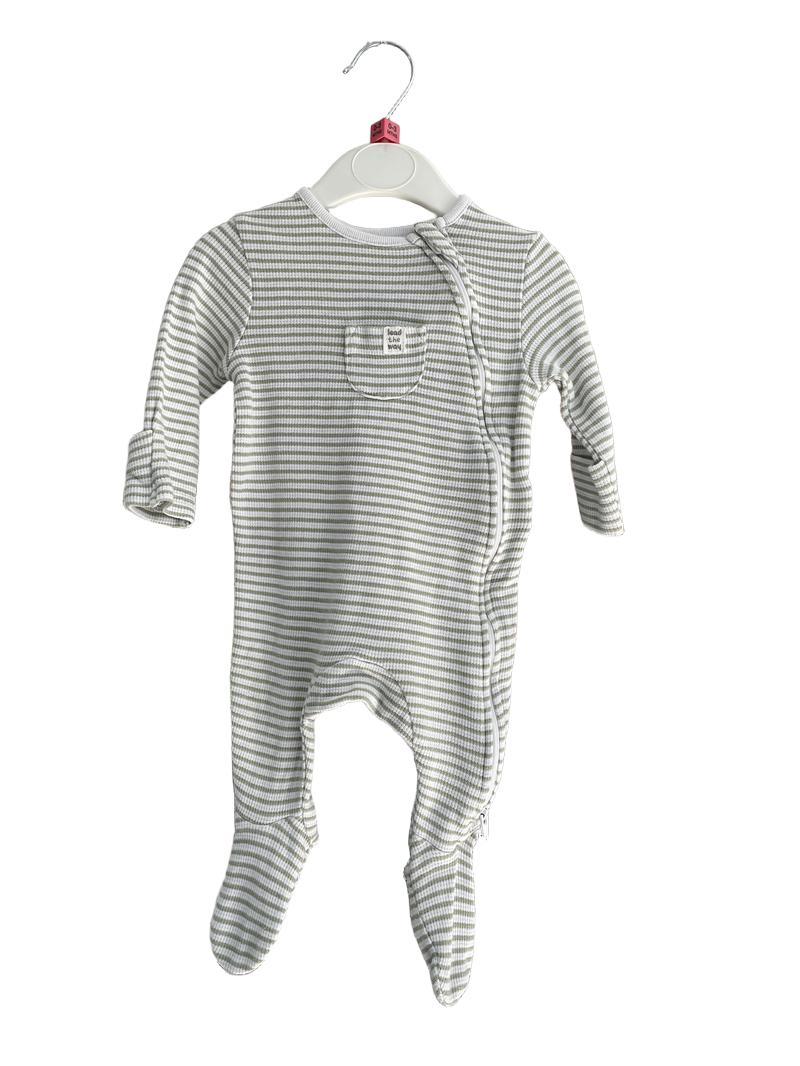 Preloved Marks & Spencer - Green White Stripe Waffle Weave Zip Onesie (0-3m)