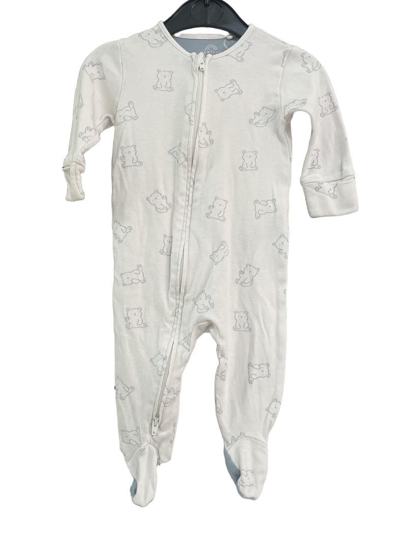Preloved Next - White Zip Up Teddy Sleepsuit, Blue Foot Bottom. (3-6m)