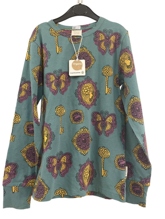 Preloved Maxomorra - Green Purple Yellow Butterfly Print Long-sleeved Shirt, NEW With Tags (9-10y) - Top