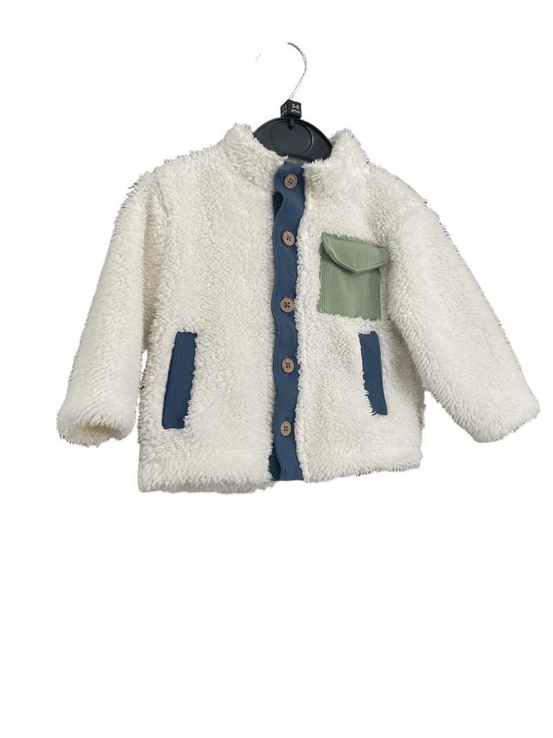 Preloved Maybe Baby - White Teddy Fleece Jacket Button Up. (3-6m)