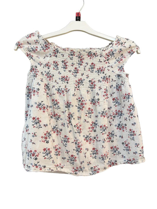 Preloved United Colors Of Benetton - White Blue Red Floral Print Smocked Short-sleeved Blouse (10-11y, 11-12y)