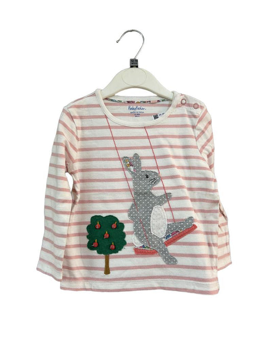 Preloved Baby Boden - Pink White Stripe Rabbit Applique Long-sleeved T Shirt (12-18m)