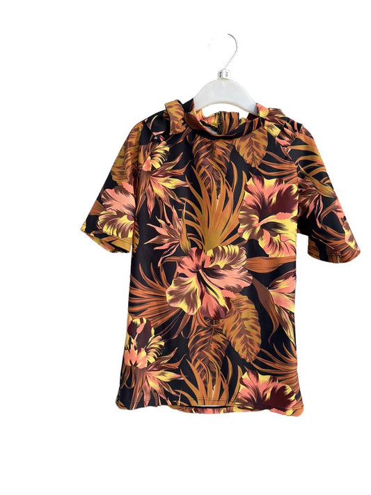 Preloved Myleene Klass Kids - Orange Yellow Brown Floral Short-sleeved Rashie Sun Protection Shirt (9-10y)