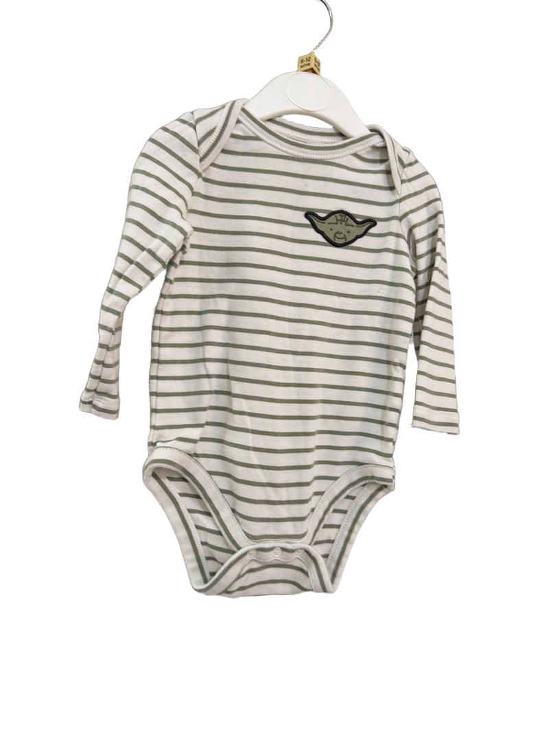 Preloved Baby Gap - Green White Stripe Yoda Star Wars Appliqué Long-sleeved Bodysuit Top (6-12m)