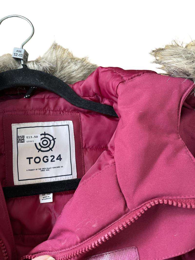 Preloved Tog24 - Raspberry Pink Waterpoof Parka With Fleece-lined Hood (12-13y)