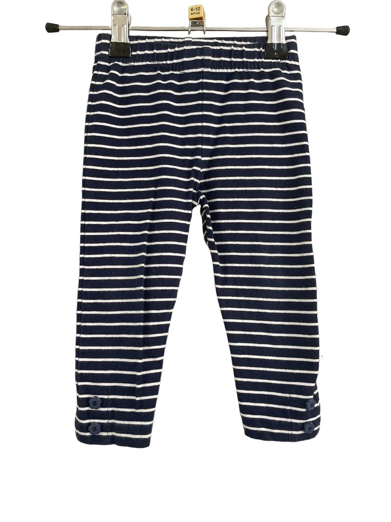 Preloved Jojo Maman Bebe - Navy Stripe Trousers/Leggings. Flower Button Detail. (6-12m)