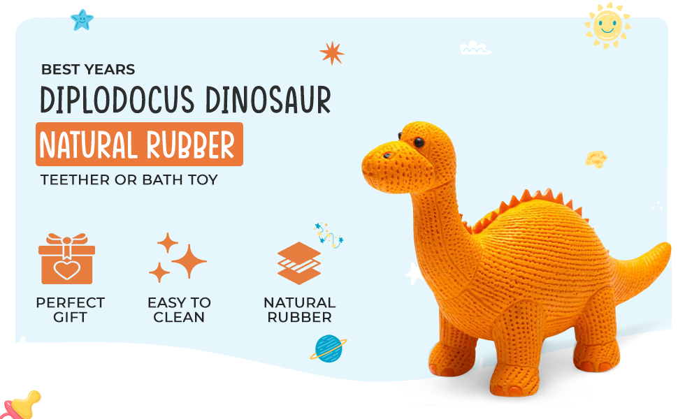 Dinosaur Toy, Bath Toy and Teether Rubber Orange Diplodocus