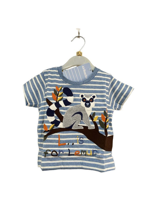 Preloved Jojo Maman Bebe - Blue White Stripe Lemur T Shirt, NEW With Tags (6-12m)