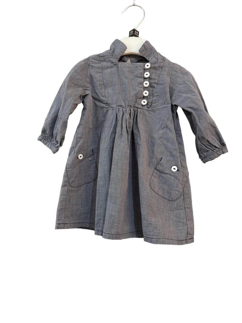 Preloved Petit Bateau - Navy Gray Cotton Button Front Dress (3-6m)
