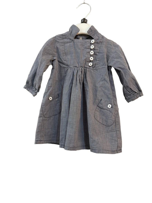 Preloved Petit Bateau - Navy Gray Cotton Button Front Dress (3-6m)