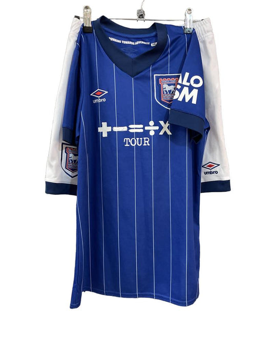 Preloved Umbro - Blue Ipswich Town FC Short-sleeved Wicking Athetic Top, And White Matching Athletic Shorts, YXL (12-13y)
