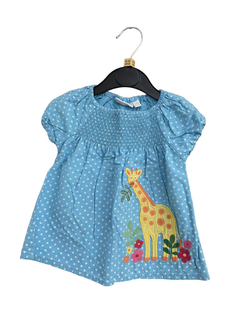 Preloved Jojo Maman Bebe - Blue Floral Smocked Dress With Giraffe Appliqué (6-12m)