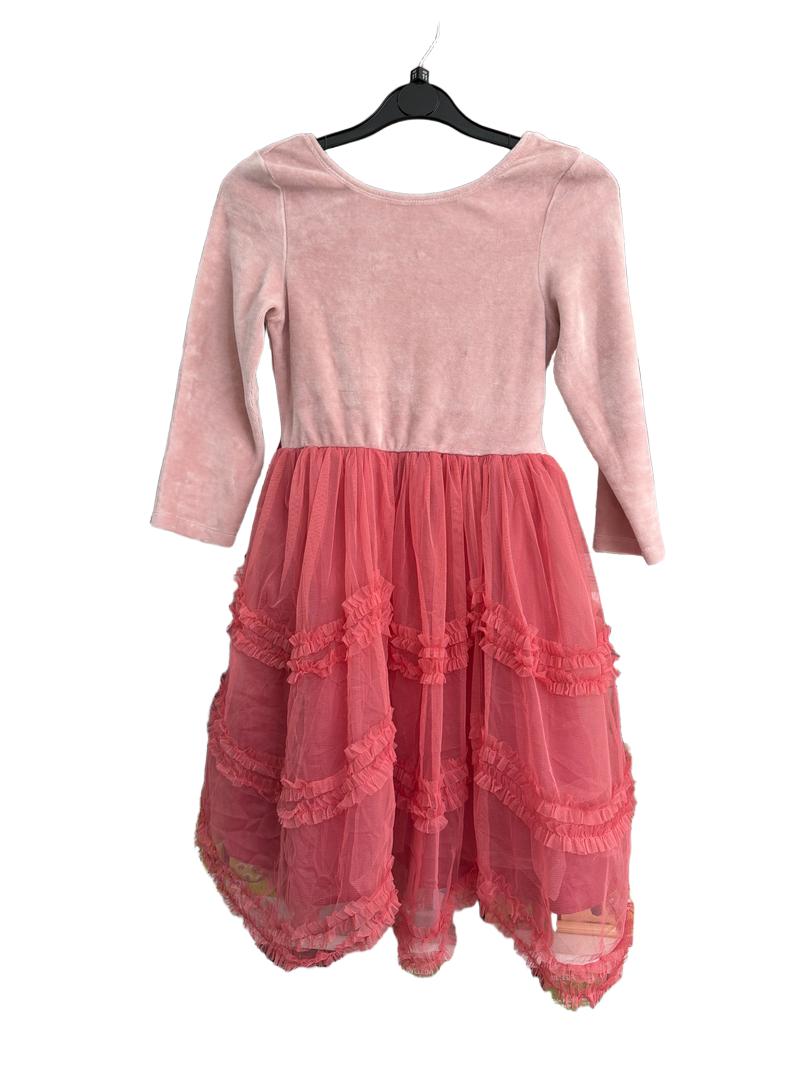 Preloved Mini Boden - Pink Velour And Tulle Tiered Dress With Back Bow (11-12y)