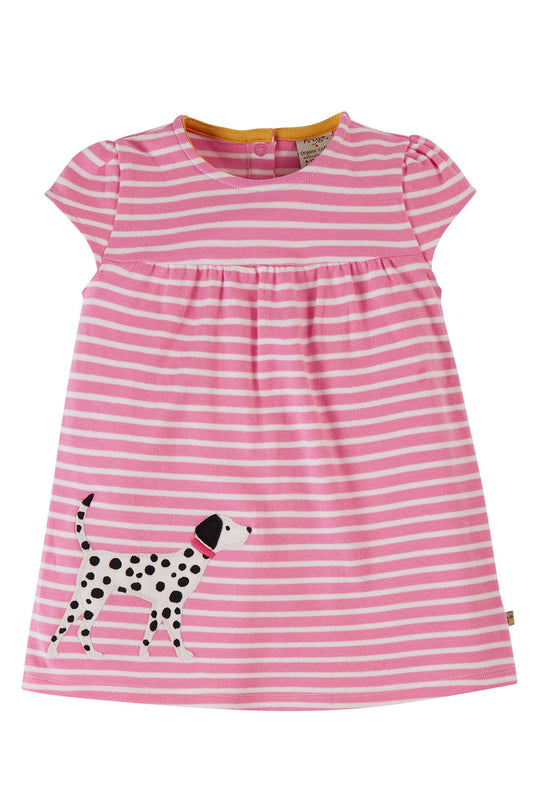 Frugi Little Layla Dress, Mid Pink Breton/Dog