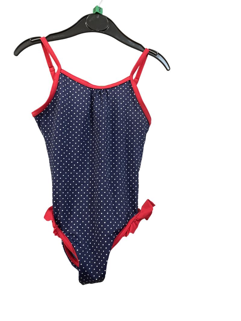 Preloved C&A - Swimwear - Navy Polka Dot Girls Swimsuit With Red Trim, 110 Cm (5-6y)