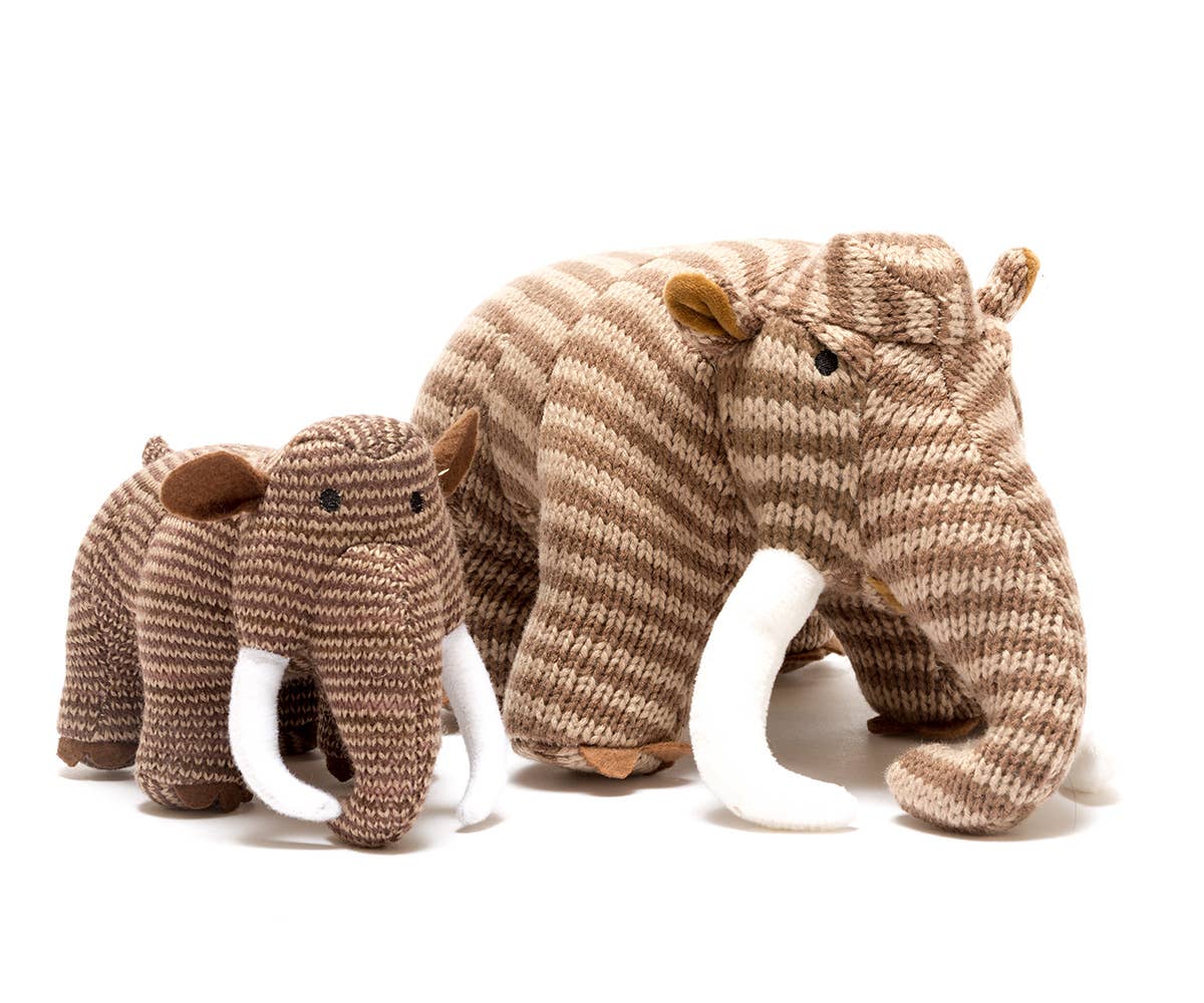 Dinosaur Baby Rattle, Knitted Woolly Mammoth Brown stripes