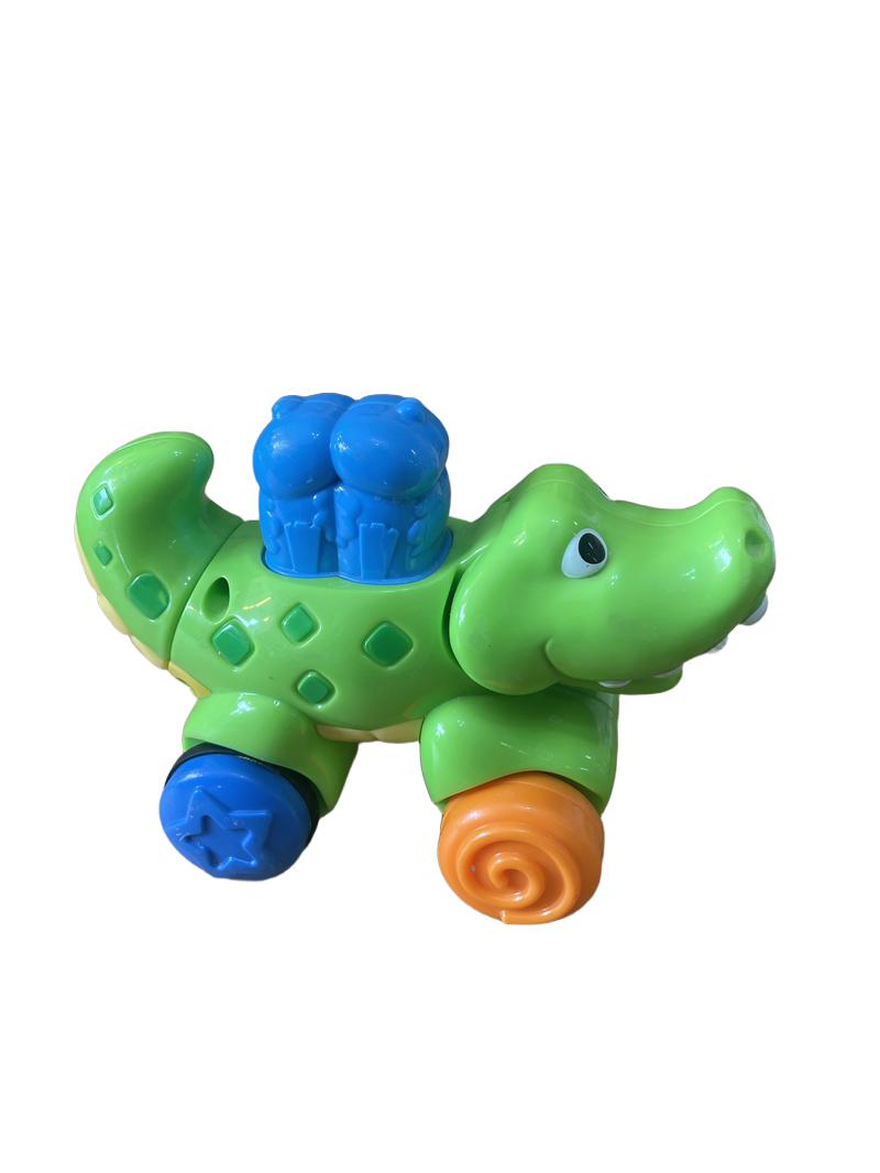 Preloved Toys - Green Dinosaur With Coloured Moving Wheels - Fisher Price