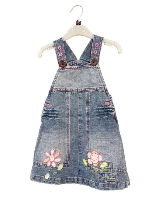Preloved Unknown Brand - Blue Denim Pinafore With Flower Appliques, 86-92 Cm (18-24m)