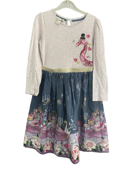Preloved Monsoon - Long Sleeve Dress With Sequin Flamingo And Tea Party Skirt. (7-8y)