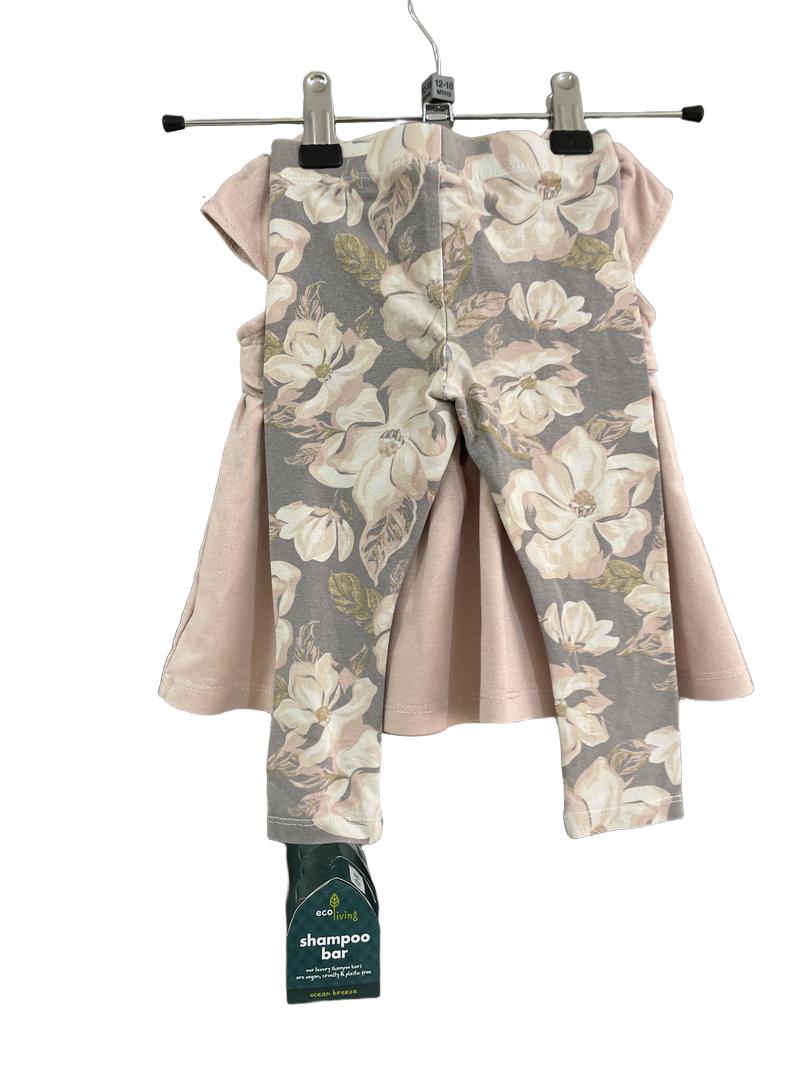 Preloved Kids Fashion - Pink Dress With Floral Leggings (12-18m)