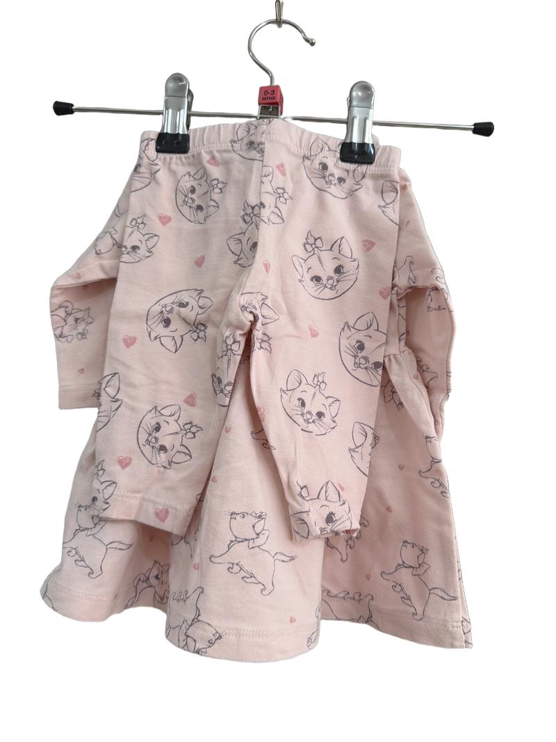 Preloved Disney - Pink Cat Print Long-sleeved Dress And Leggings Set (Newborn)