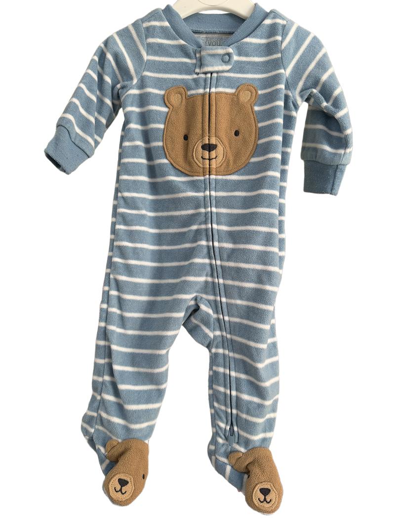 Preloved Carter's - Blue White Stripe Teddy Bear Fleece Sleepsuit (3-6m)