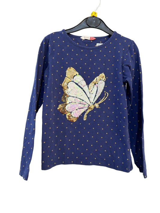 Preloved John Lewis - Navy Gold Polka Dot Sequin Butterfly Long-sleeved Top (7-8y)