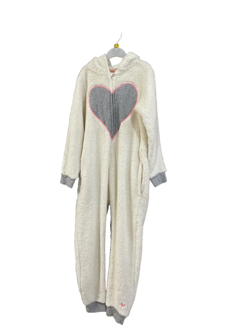 Preloved White Stuff - Onesie - White Fleece Onesie With Grey Pink Heart (7-8y)