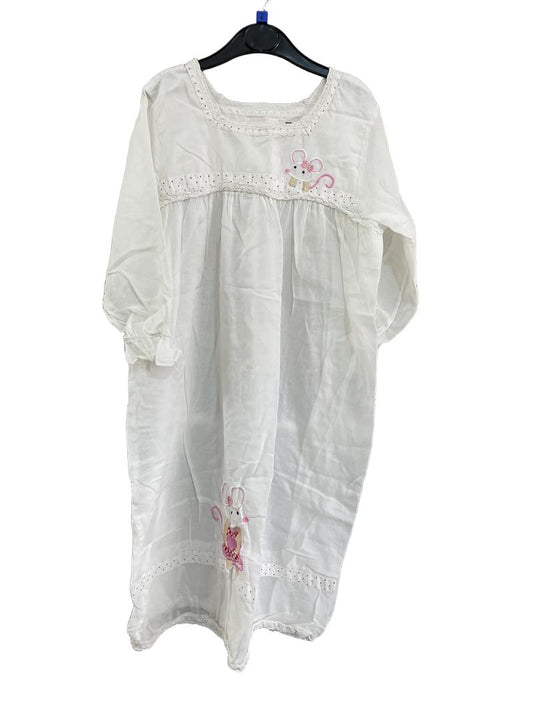 Preloved Powell Craft England - White Long-sleeved Nightgown With Mouse Applique (6-7y)