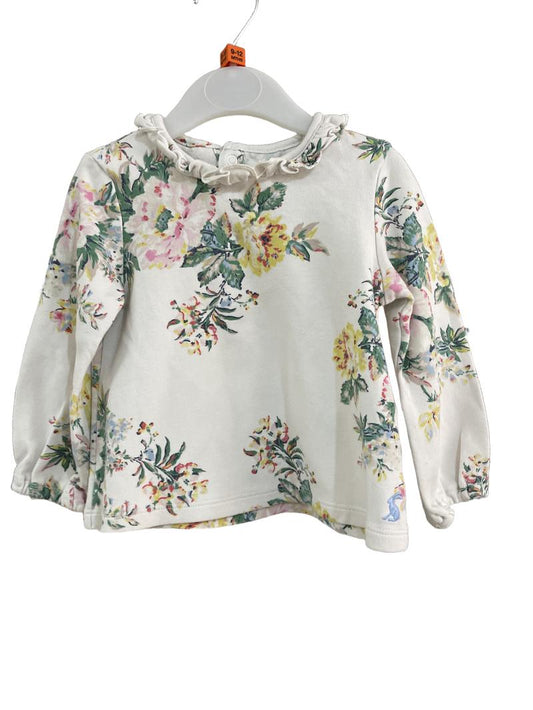 Preloved Joules - White Floral Print Ruffle Long-sleeved Shirt (9-12m)