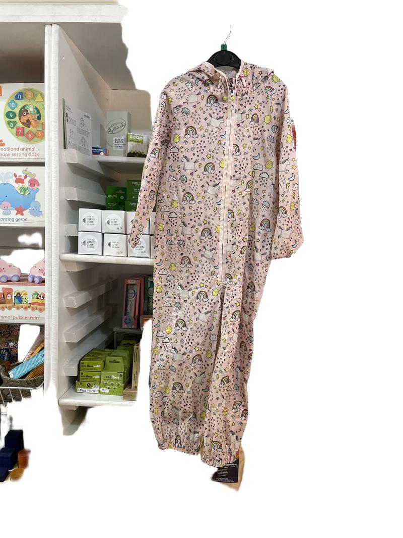 Preloved Next - Pink Rainbow Unicorn Puddlesuit Waterproof Onesie (5-6y)