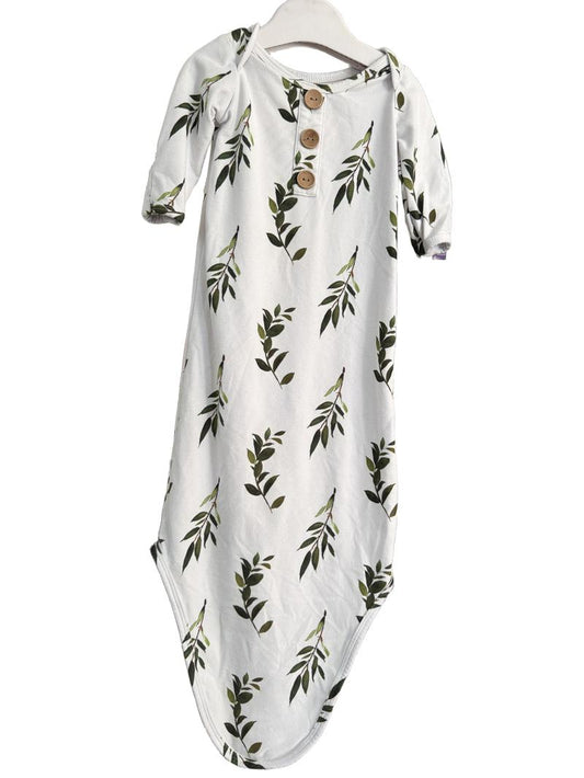 Preloved Caden Lane - White Green Leaf Print Long-sleeved Knot Gown, Open-ended Sleep Sack Sleepsuit (0-3m)